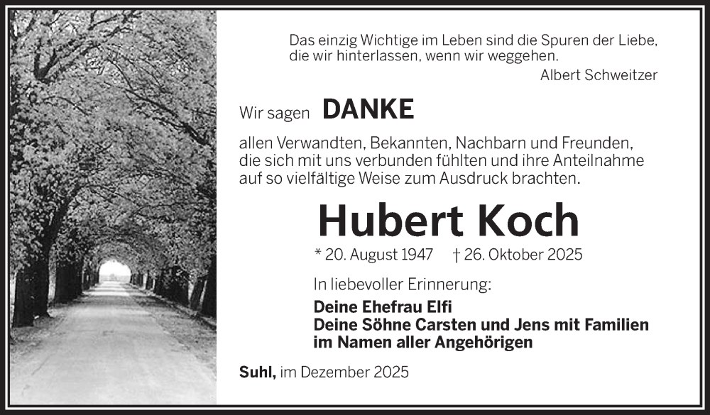  Traueranzeige für Hubert Koch vom 13.12.2025 aus Südthüringer Presse