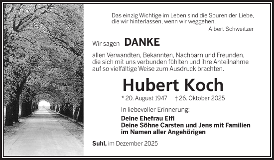 Traueranzeige von Hubert Koch von Südthüringer Presse