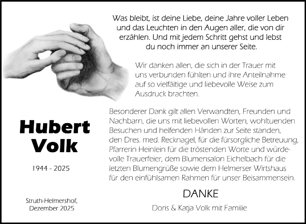  Traueranzeige für Hubert Volk vom 27.12.2025 aus Südthüringer Presse