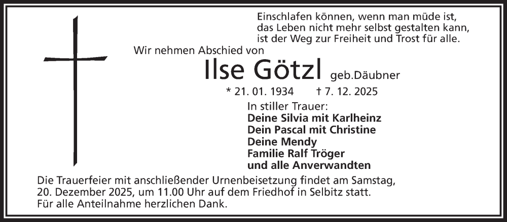  Traueranzeige für Ilse Götzl vom 19.12.2025 aus Frankenpost