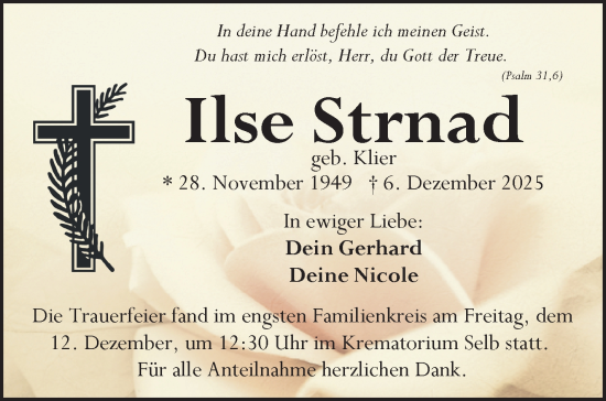 Traueranzeige von Ilse Strnad von Frankenpost