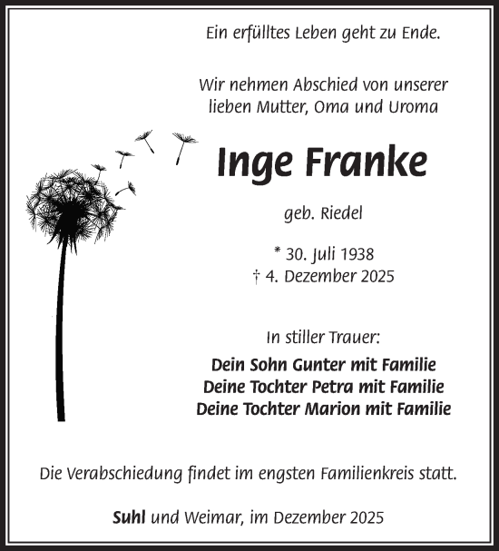 Traueranzeige von Inge Franke von Südthüringer Presse