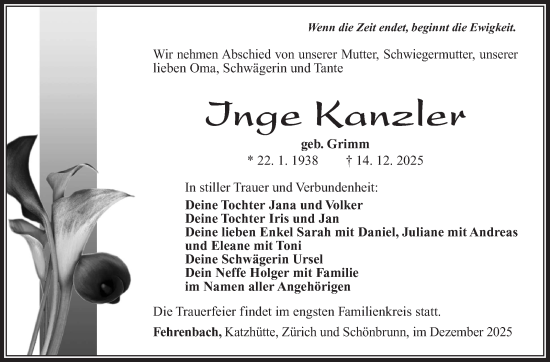 Traueranzeige von Inge Kanzler von Südthüringer Presse