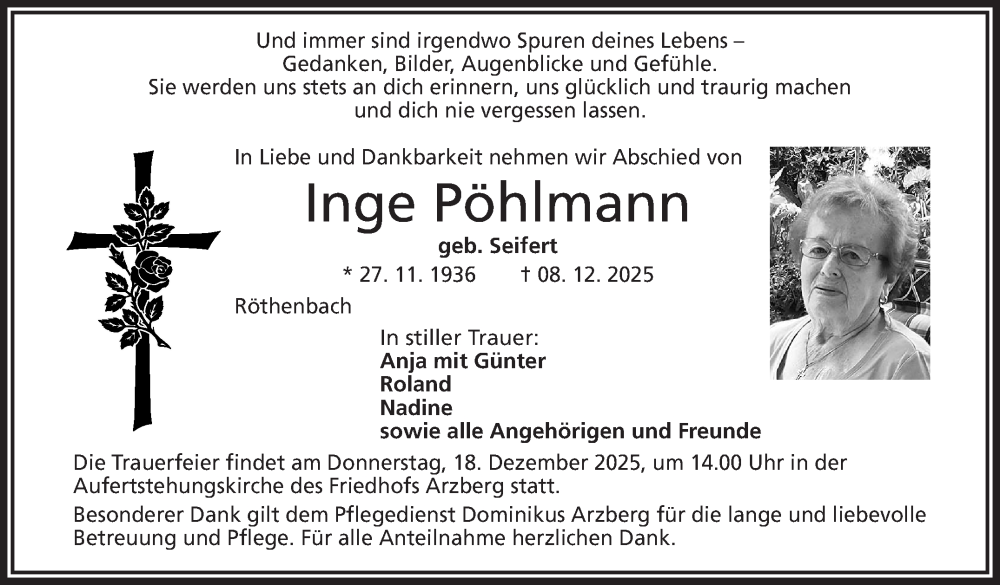 Traueranzeige für Inge Pöhlmann vom 13.12.2025 aus Frankenpost