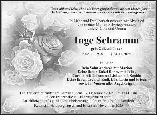 Traueranzeige von Inge Schramm von Südthüringer Presse