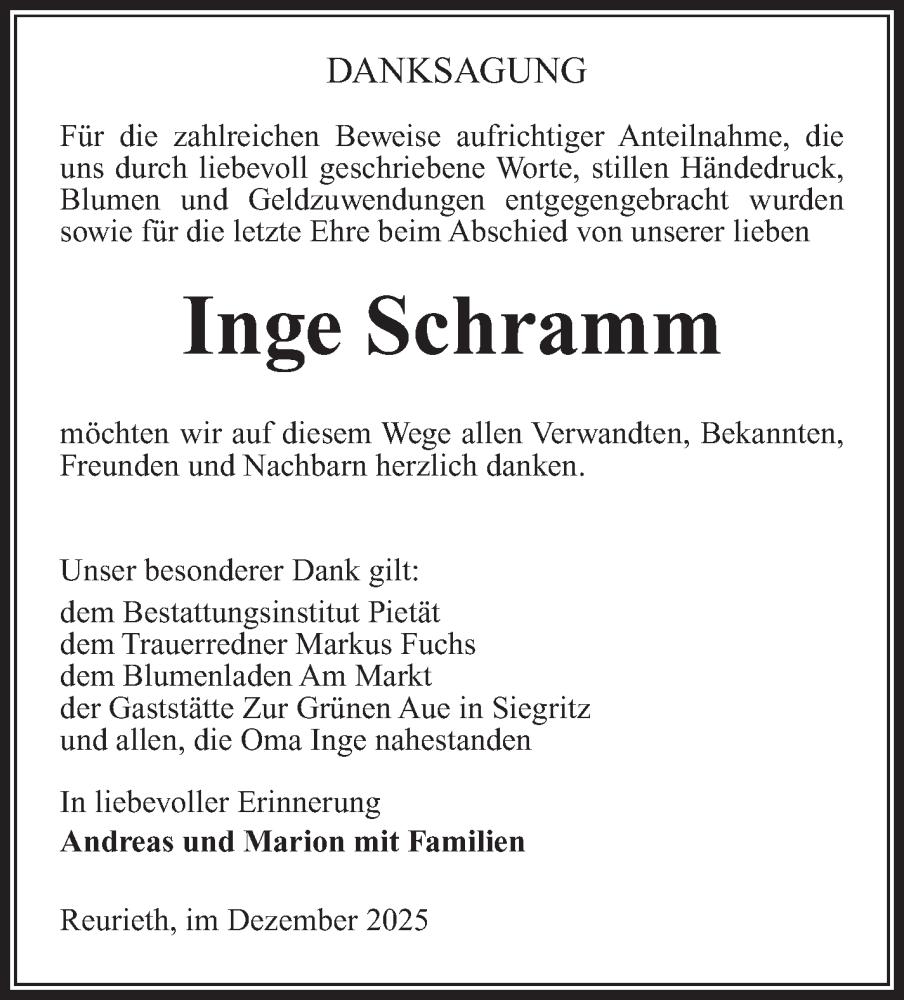  Traueranzeige für Inge Schramm vom 20.12.2025 aus Südthüringer Presse