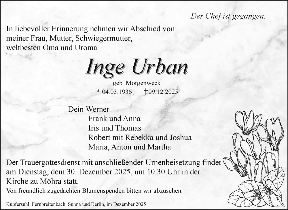  Traueranzeige für Inge Urban vom 27.12.2025 aus Südthüringer Presse