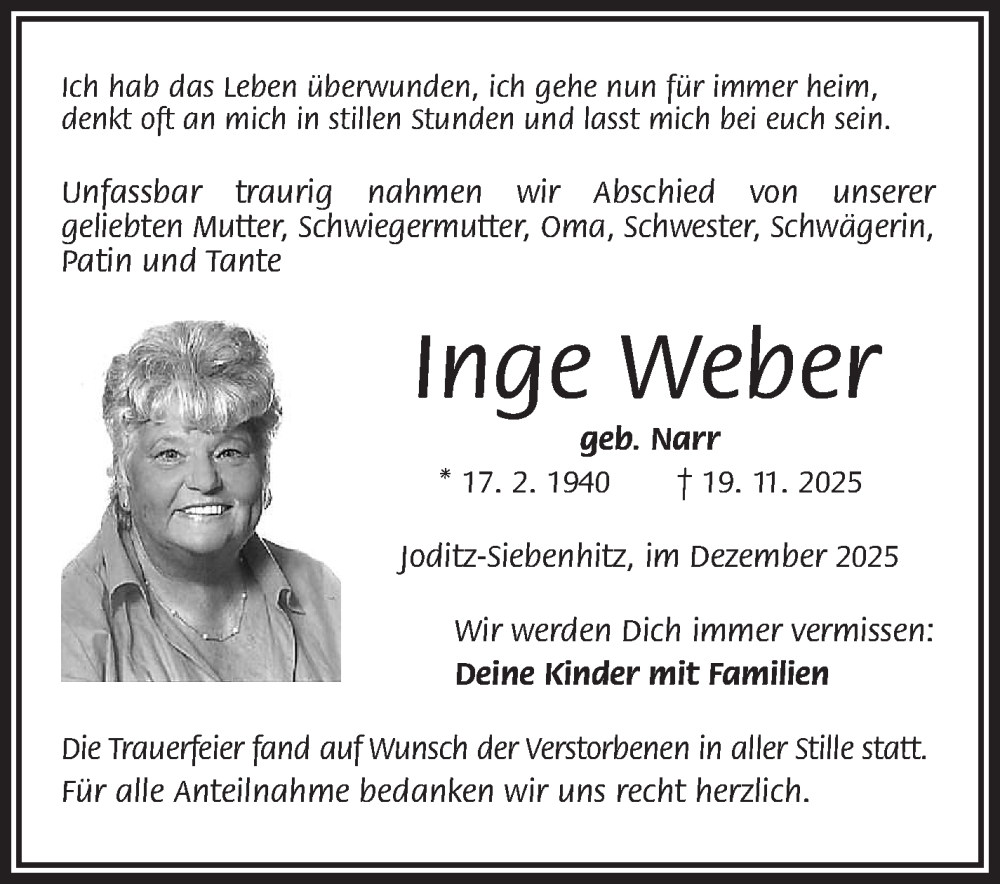  Traueranzeige für Inge Weber vom 20.12.2025 aus Frankenpost