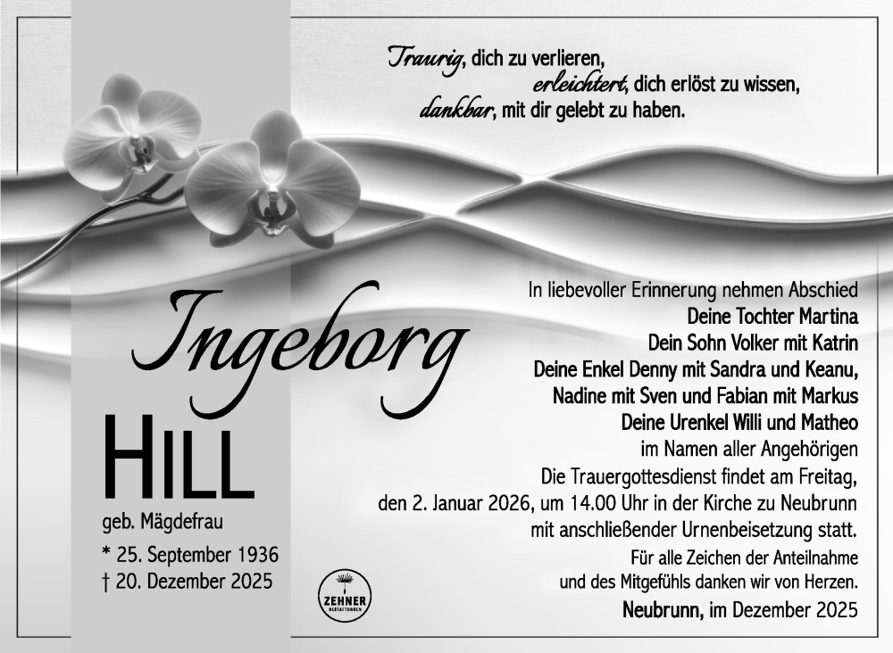  Traueranzeige für Ingeborg Hill vom 31.12.2025 aus Südthüringer Presse