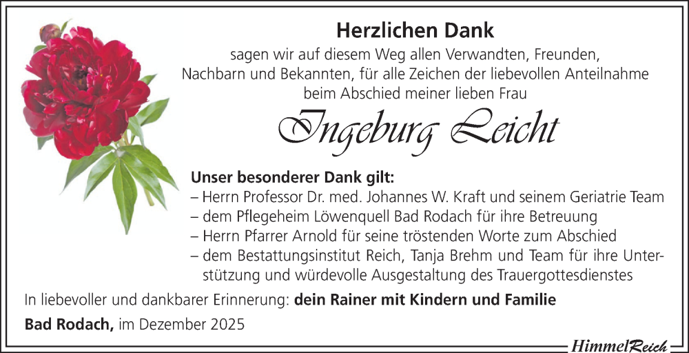  Traueranzeige für Ingeburg Leicht vom 06.12.2025 aus Neue Presse Coburg