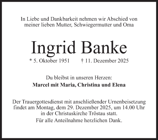 Traueranzeige von Ingrid Banke von Frankenpost