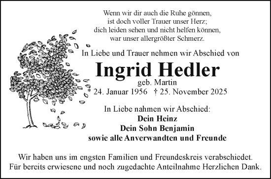Traueranzeige von Ingrid Hedler von Frankenpost