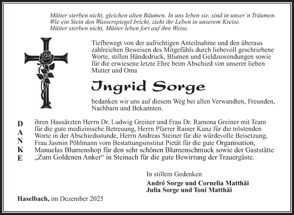  Traueranzeige für Ingrid Sorge vom 13.12.2025 aus Südthüringer Presse