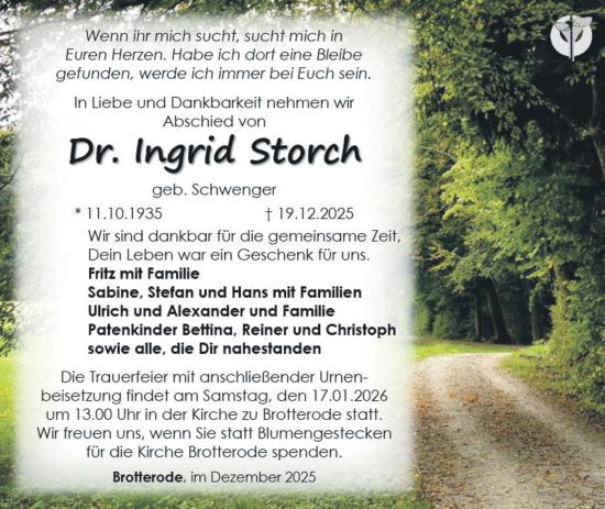 Traueranzeige von Ingrid Storch von Südthüringer Presse