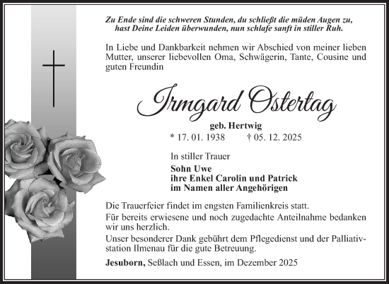 Traueranzeige von Irmgard Ostertag von Südthüringer Presse