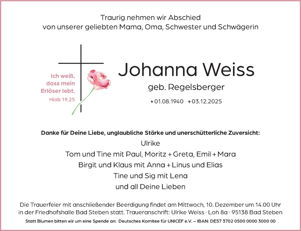  Traueranzeige für Johanna Weiss vom 06.12.2025 aus Frankenpost