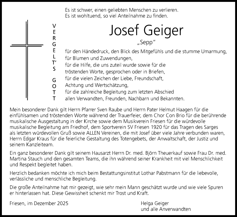  Traueranzeige für Josef Geiger vom 20.12.2025 aus Neue Presse Coburg