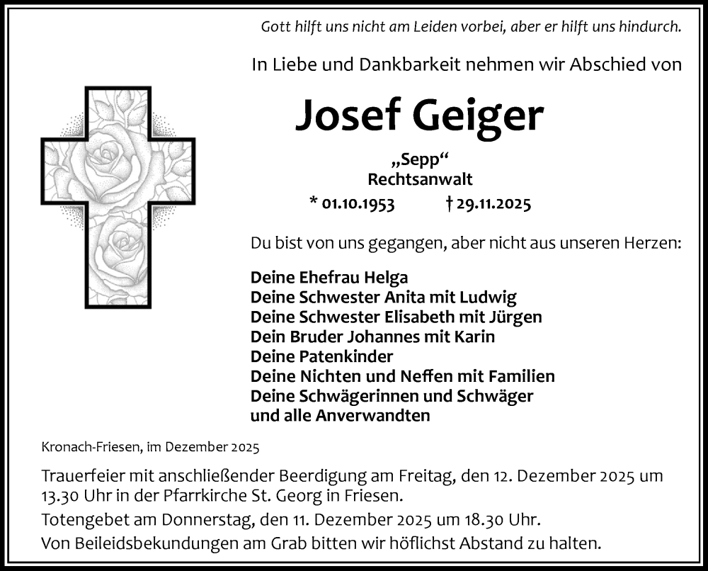  Traueranzeige für Josef Geiger vom 06.12.2025 aus Neue Presse Coburg