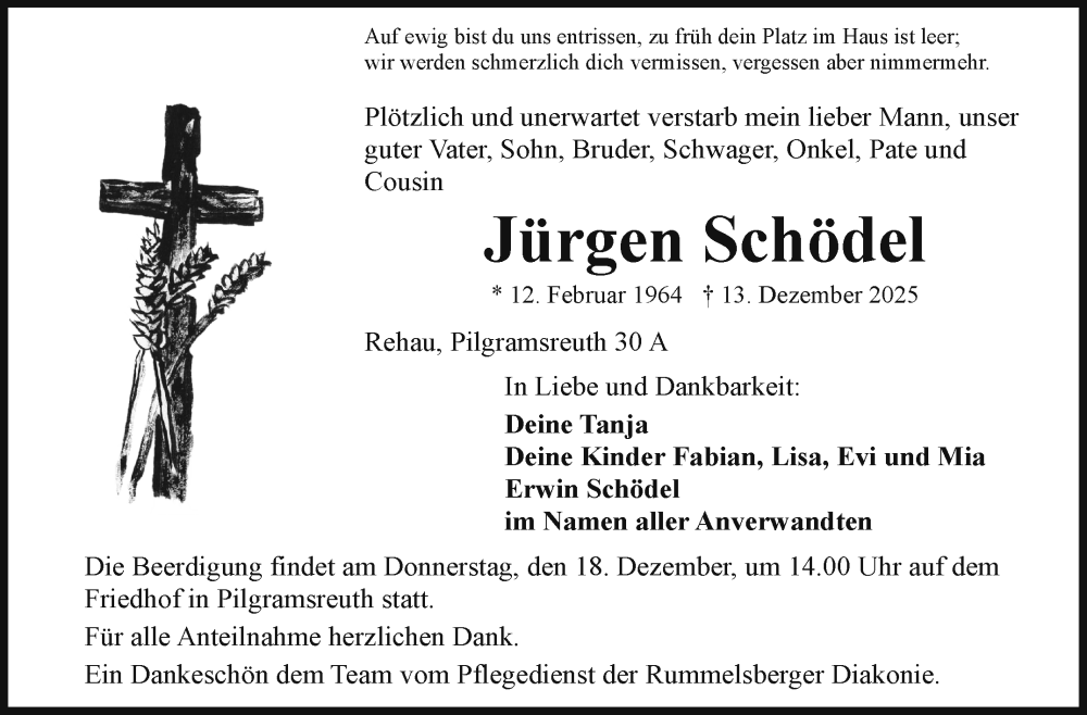  Traueranzeige für Jürgen Schödel vom 17.12.2025 aus Frankenpost