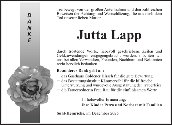 Traueranzeige von Jutta Lapp von Südthüringer Presse