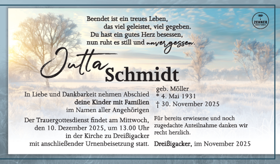 Traueranzeige von Jutta Schmidt von Südthüringer Presse