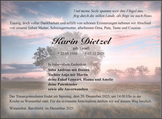 Traueranzeige von Karin Dietzel von Südthüringer Presse