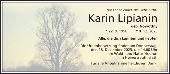 Traueranzeige von Karin Lipianin von Frankenpost