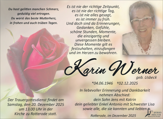 Traueranzeige von Karin Werner von Südthüringer Presse