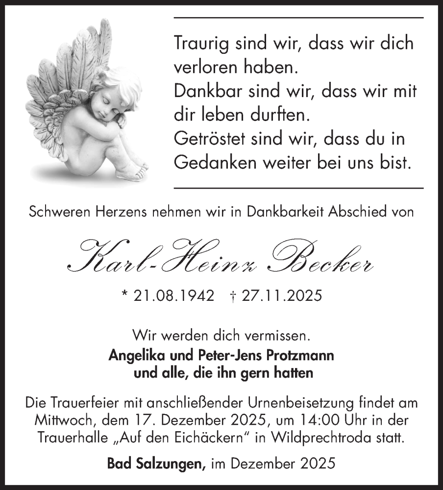  Traueranzeige für Karl-Heinz Becker vom 11.12.2025 aus Südthüringer Presse