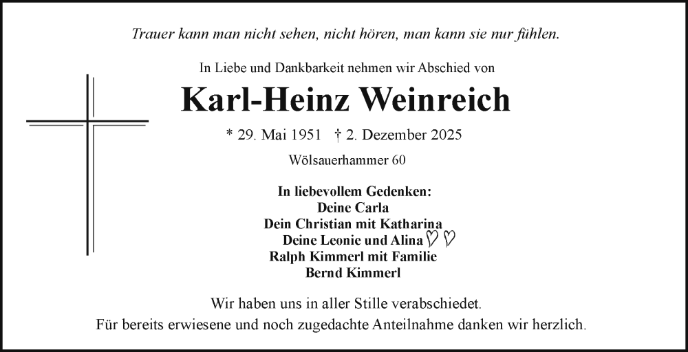  Traueranzeige für Karl-Heinz Weinreich vom 13.12.2025 aus Frankenpost