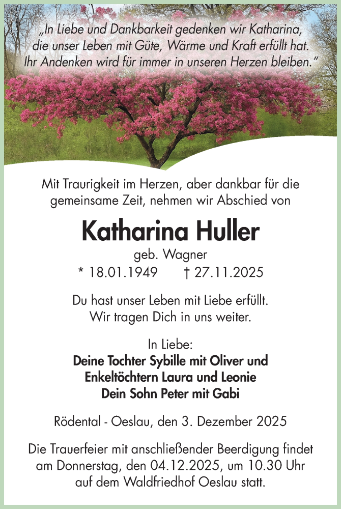  Traueranzeige für Katharina Huller vom 03.12.2025 aus Neue Presse Coburg