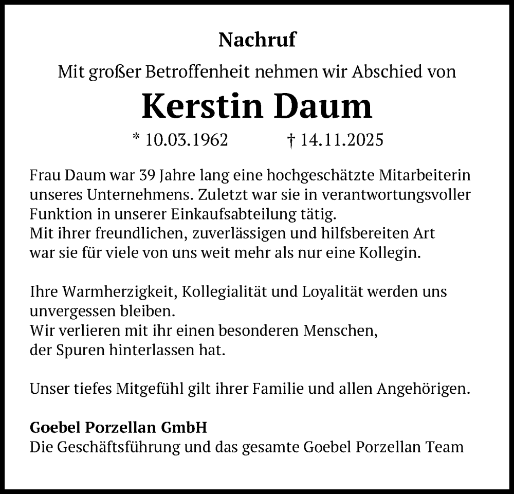  Traueranzeige für Kerstin Daum vom 04.12.2025 aus Neue Presse Coburg