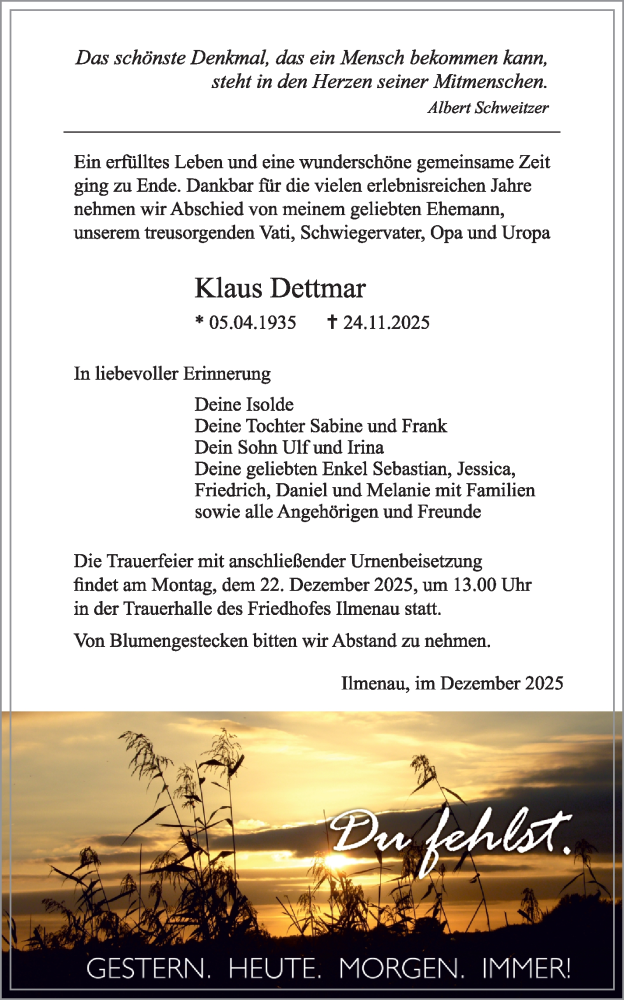  Traueranzeige für Klaus Dettmar vom 13.12.2025 aus Südthüringer Presse