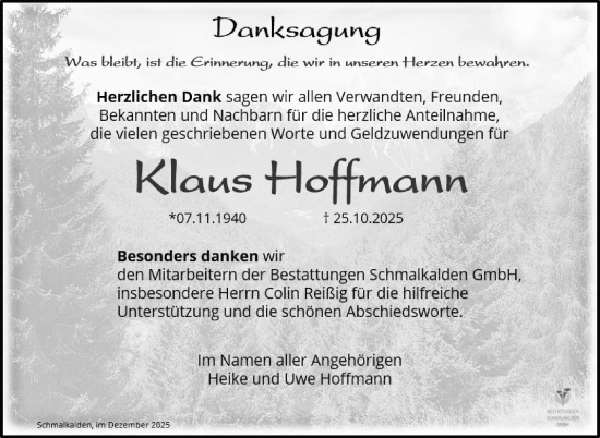 Traueranzeige von Klaus Hoffmann von Südthüringer Presse
