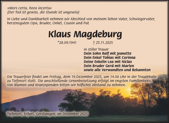 Traueranzeige von Klaus Magdeburg von Südthüringer Presse