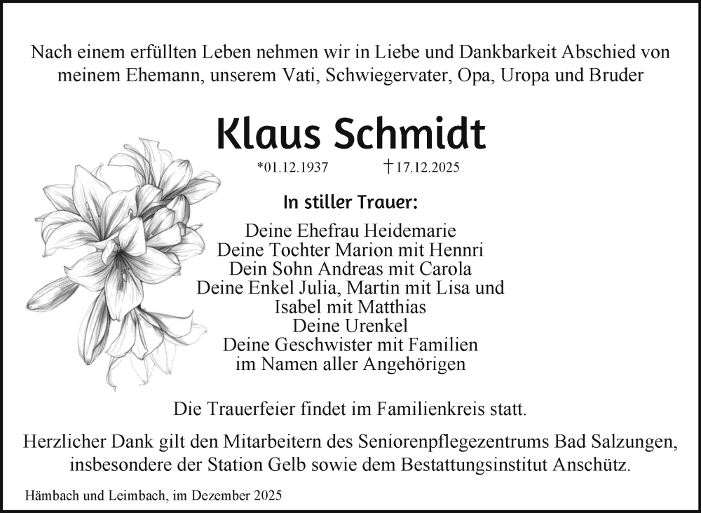  Traueranzeige für Klaus Schmidt vom 27.12.2025 aus Südthüringer Presse