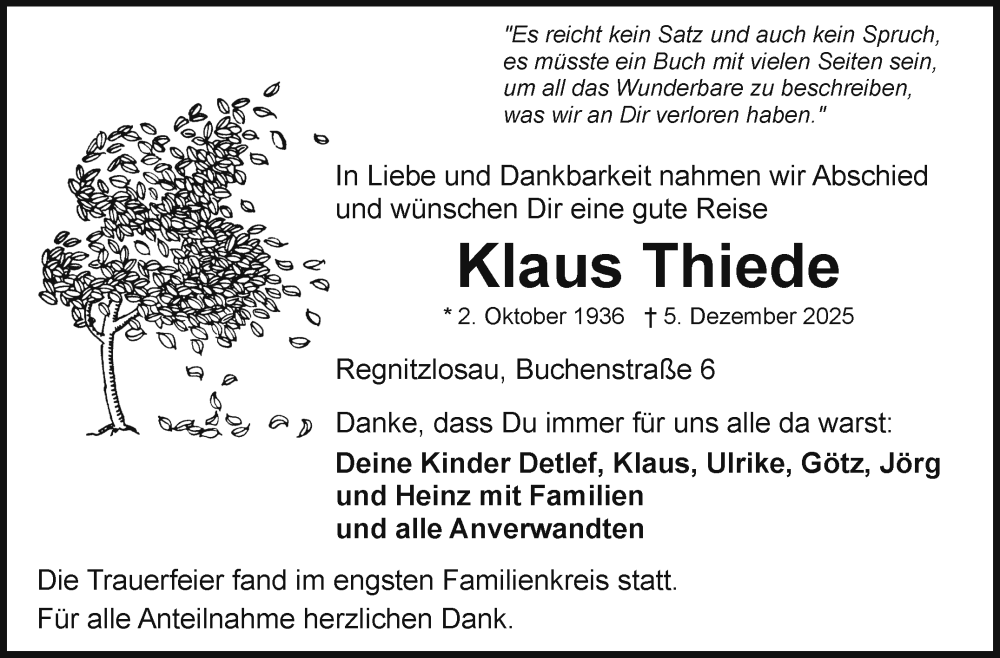  Traueranzeige für Klaus Thiede vom 20.12.2025 aus Frankenpost