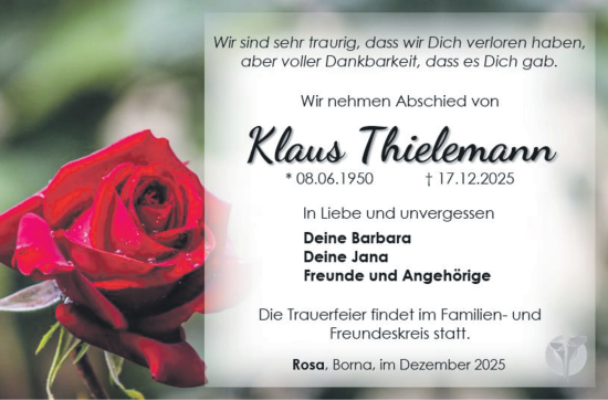 Traueranzeige von Klaus Thielemann von Südthüringer Presse