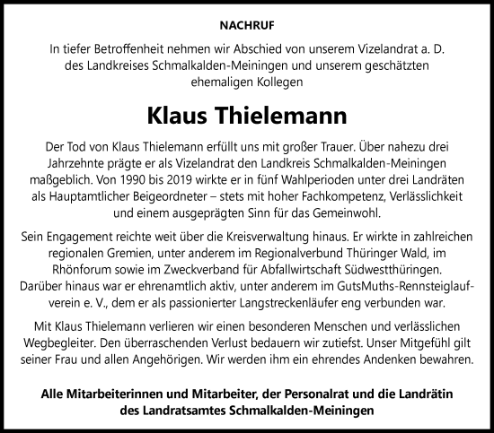 Traueranzeige von Klaus Thielemann von Südthüringer Presse