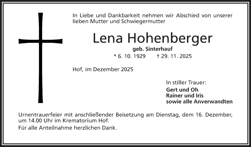  Traueranzeige für Lena Hohenberger vom 06.12.2025 aus Frankenpost
