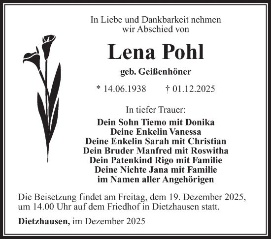 Traueranzeige von Lena Pohl von Südthüringer Presse