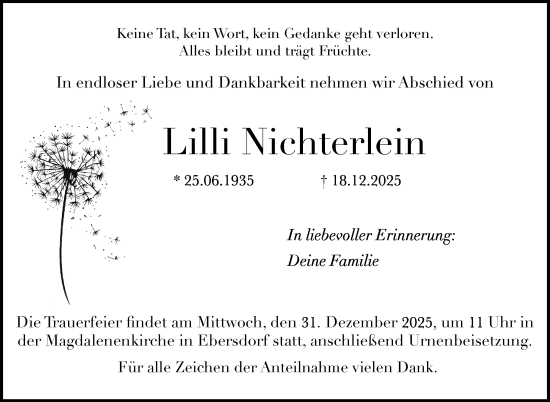 Traueranzeige von Lilli Nichterlein von Neue Presse Coburg