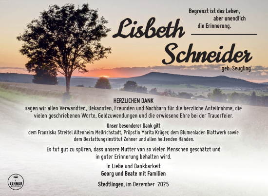Traueranzeige von Lisbeth Schneider von Südthüringer Presse