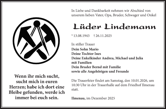 Traueranzeige von Lüder Lindemann von Südthüringer Presse