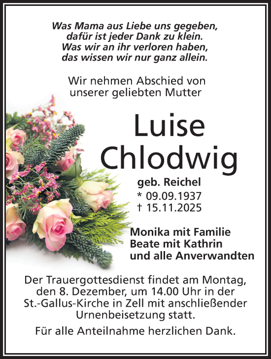 Traueranzeige von Luise Chlodwig von Frankenpost