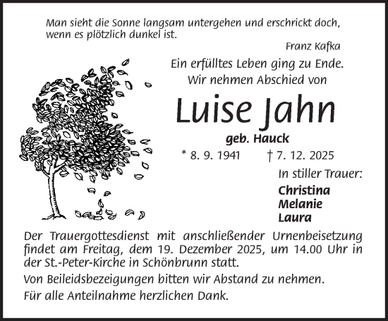 Traueranzeige von Luise Jahn von Frankenpost