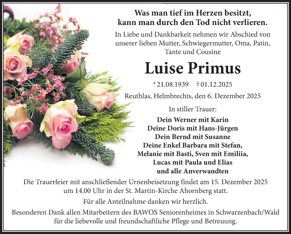  Traueranzeige für Luise Primus vom 06.12.2025 aus Frankenpost
