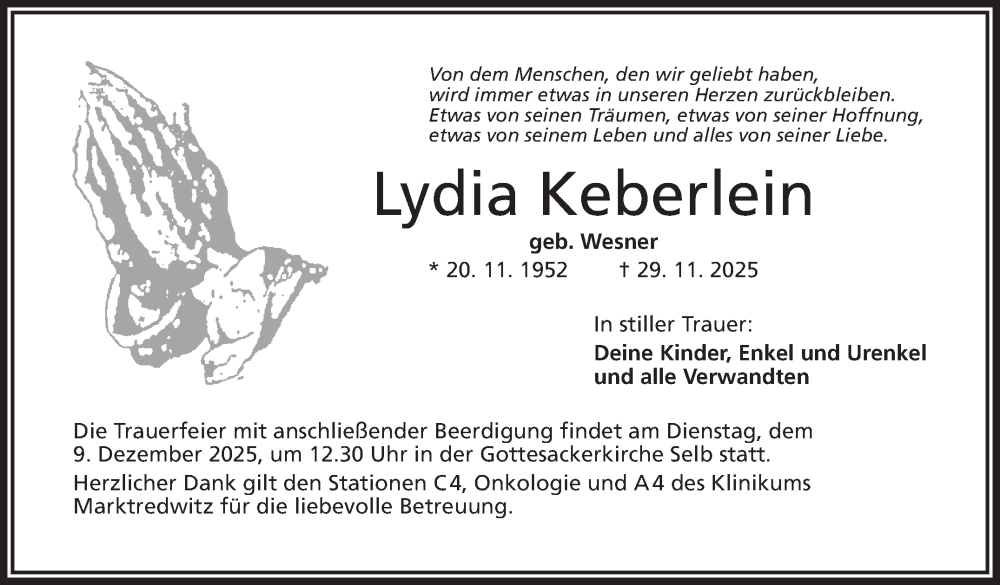  Traueranzeige für Lydia Keberlein vom 06.12.2025 aus Frankenpost