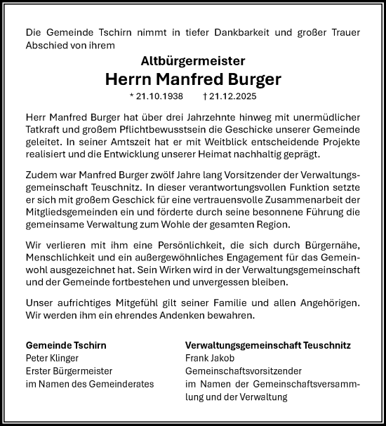 Traueranzeige von Manfred Burger von Neue Presse Coburg