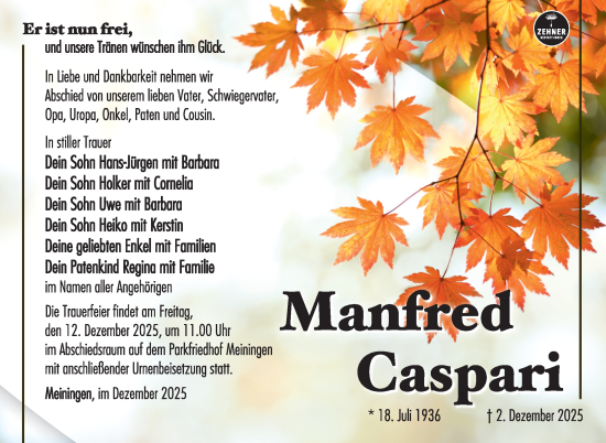 Traueranzeige von Manfred Caspari von Südthüringer Presse